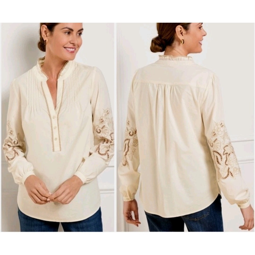TALBOTS Cream Embroidered Cutwork Lace Poplin Top Large Long Sleeve